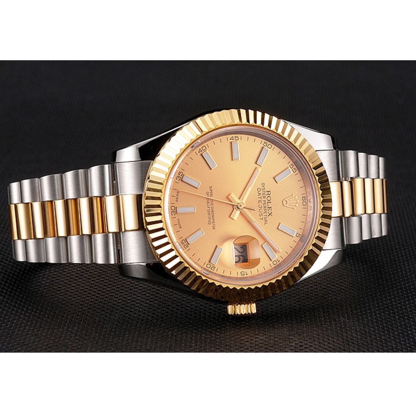 Aaa fake watches Gold Datejust Bezel Stainless Swiss Bracelet Gold Steel Case Rolex Dial Tone Two 0522